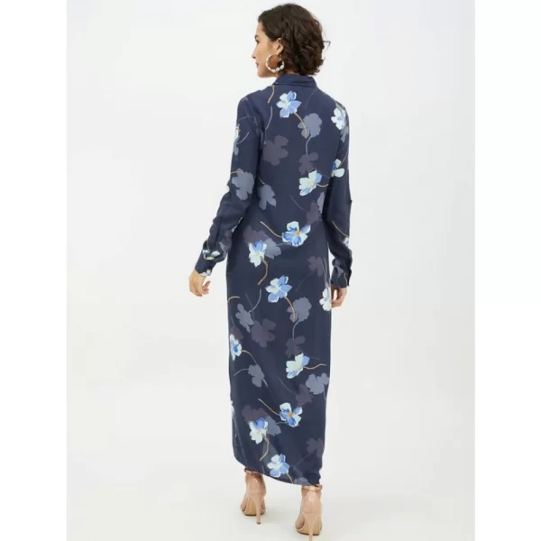 Generic Women's Rayon Floral Collar Neck Long Sleeves Dress (Blue) - Image 4