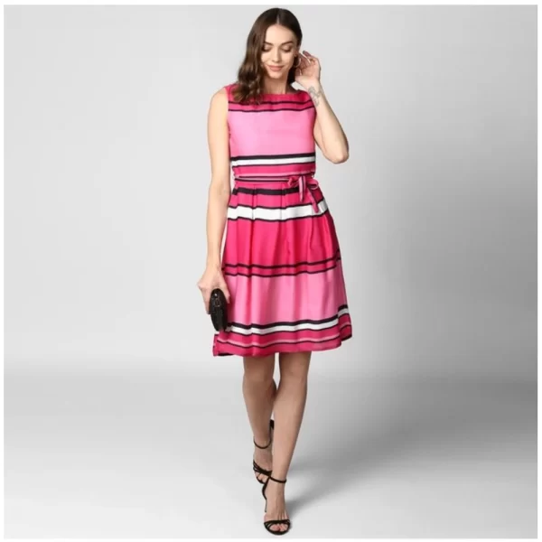 Generic Women's Polyester Striped Close Neck Sleeveless Dress (Pink) - Image 3