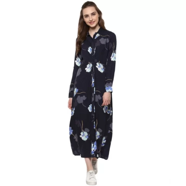 Generic Women's Rayon Floral Collar Neck Long Sleeves Dress (Blue) - Image 3