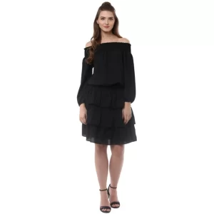 Generic Women's Polyester Moss Solid Off-Shoulder Long Sleeves Dress (Black)