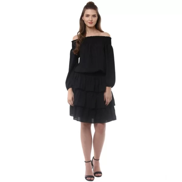 Generic Women's Polyester Moss Solid Off-Shoulder Long Sleeves Dress (Black)
