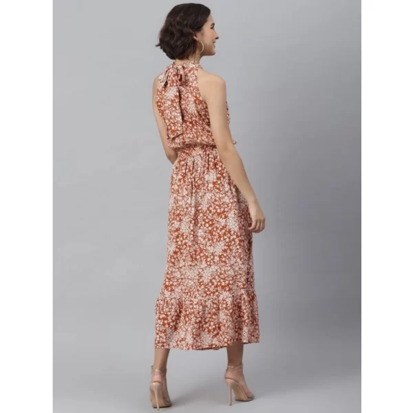Generic Women's Polyester Printed Halter Neck Sleeveless Dress (Rust) - Image 4