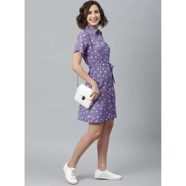 Generic Women's Polyester Polka Collar Neck Short Sleeve Dress (Lavender) - Image 3
