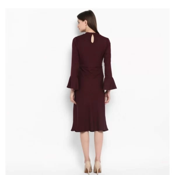Generic Women's Polyester Ruffled Close Neck Bell Sleeve Dress (Maroon) - Image 4