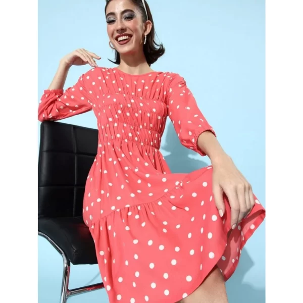 Generic Women's Polyester Moss Polka Round Neck 3/4th Sleeves Dress (Pink) - Image 4
