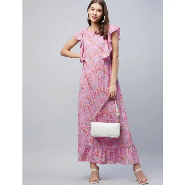 Generic Women's Polyester Floral Round Neck Flutter Dress (Lavender) - Image 3
