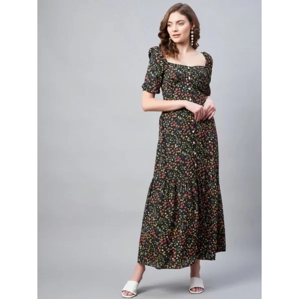 Generic Women's Polyester Moss Floral Square Neck Half Sleeve Dress (Black) - Image 3
