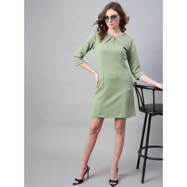 Generic Women's Polyester Jacquard Self Design Round Neck 3/4th Sleeves Dress (Olive) - Image 4