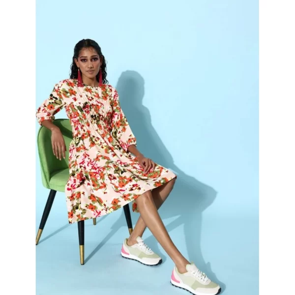 Generic Women's Polyester Moss Polka Round Neck 3/4th Sleeves Dress (Multicolor) - Image 3