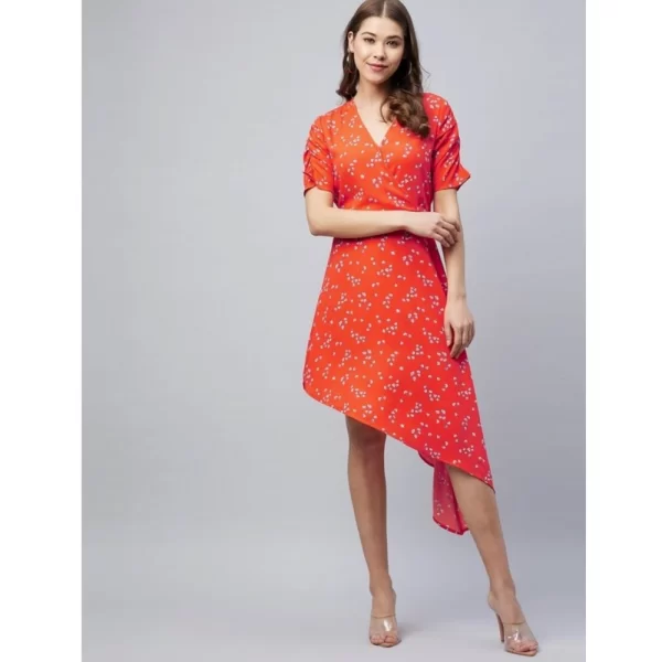 Generic Women's Polyester Floral V-Neck Short Sleeve Dress (Orange) - Image 3