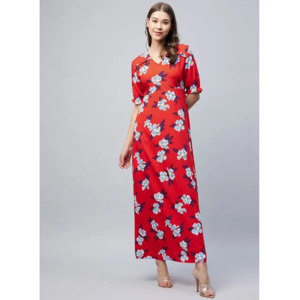 Generic Women's Cotton Blend Floral V-Neck Half Sleeve Dress (Blue-Red) - Image 3