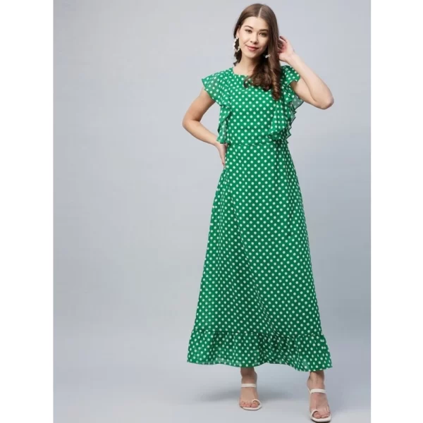 Generic Women's Polyester Polka Close Neck Flutter Dress (Green) - Image 4
