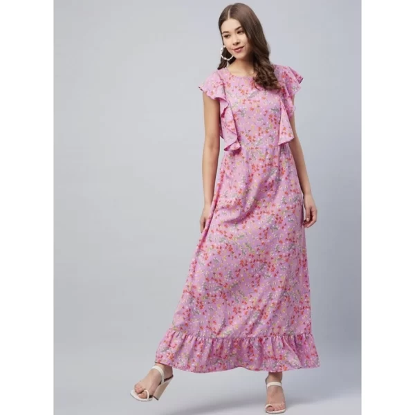 Generic Women's Polyester Floral Round Neck Flutter Dress (Lavender)