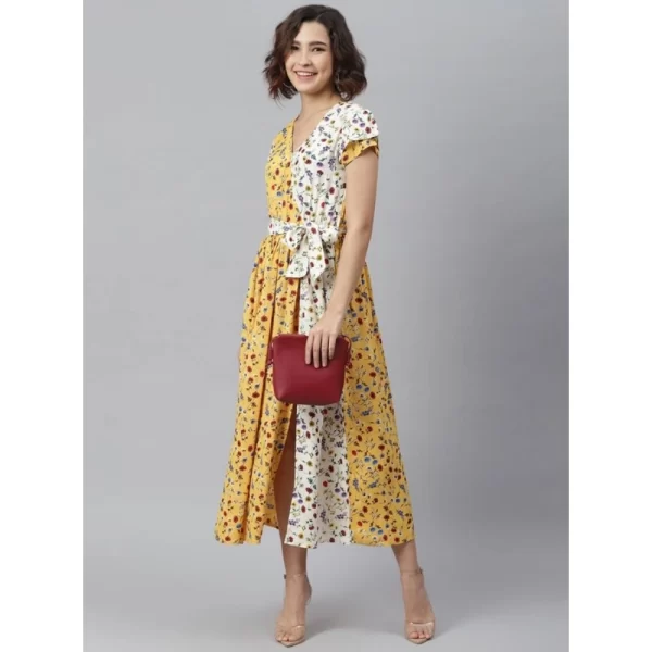 Generic Women's Polyester Floral V-Neck Short Sleeve Dress (Yellow-White) - Image 3