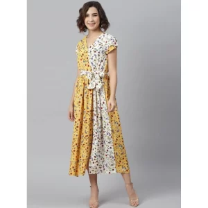 Generic Women's Polyester Floral V-Neck Short Sleeve Dress (Yellow-White)