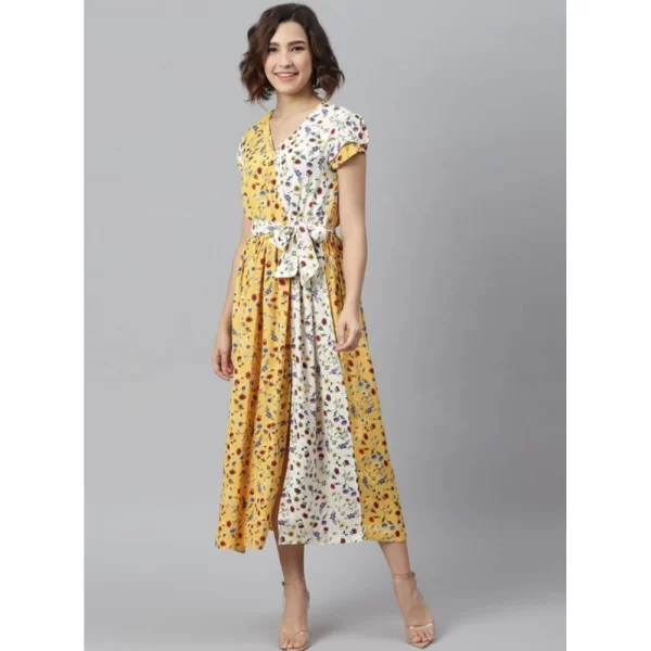 Generic Women's Polyester Floral V-Neck Short Sleeve Dress (Yellow-White)