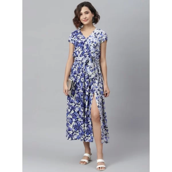 Generic Women's Polyester Floral V-Neck Short Sleeve Dress (Purple-White) - Image 3