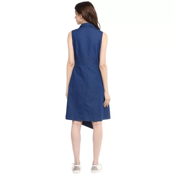 Generic Women's Denim Solid Collar Neck Sleeveless Dress (Blue) - Image 4