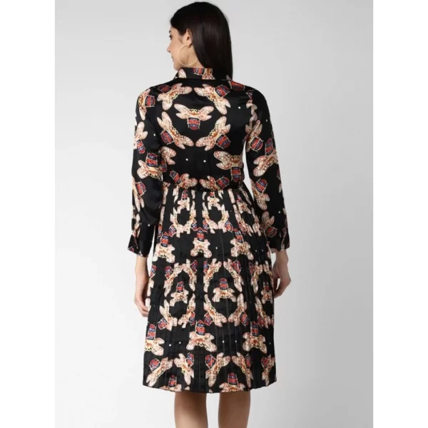 Generic Women's Polyester Pleated Collar Neck Long Sleeves Dress (Black) - Image 4