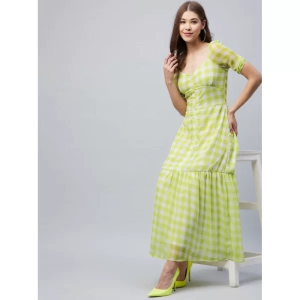 Generic Women's Polyester-Cotton Blend Checkered Square Neck Half Sleeve Dress (Lime Green) - Image 4