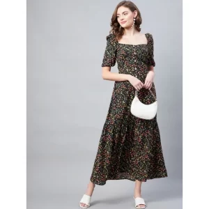 Generic Women's Polyester Moss Floral Square Neck Half Sleeve Dress (Black)