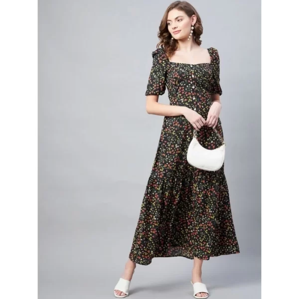 Generic Women's Polyester Moss Floral Square Neck Half Sleeve Dress (Black)