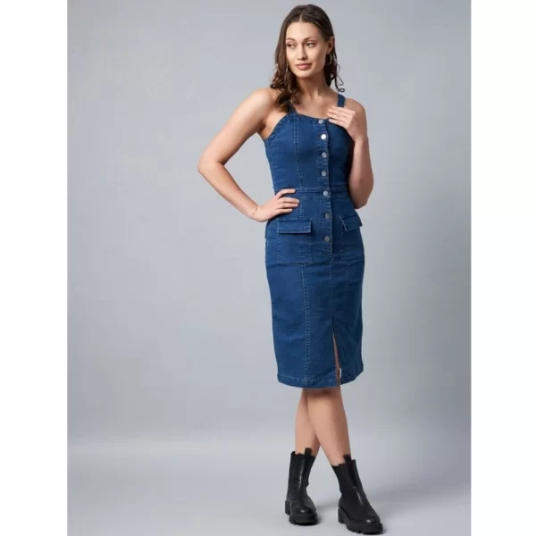 Generic Women's Denim Lycra Solid Square Neck Shoulder Straps Dress (Blue) - Image 3