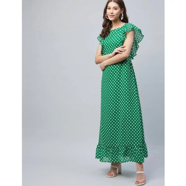 Generic Women's Polyester Polka Close Neck Flutter Dress (Green) - Image 3