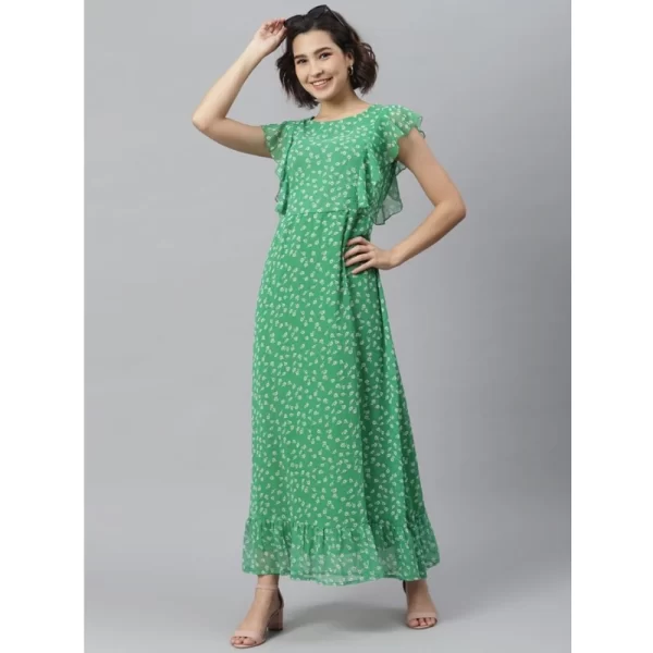 Generic Women's Polyester Floral Round Neck Short Sleeve Dress (Green) - Image 3