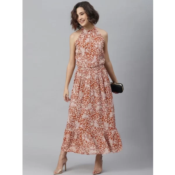 Generic Women's Polyester Printed Halter Neck Sleeveless Dress (Rust) - Image 3