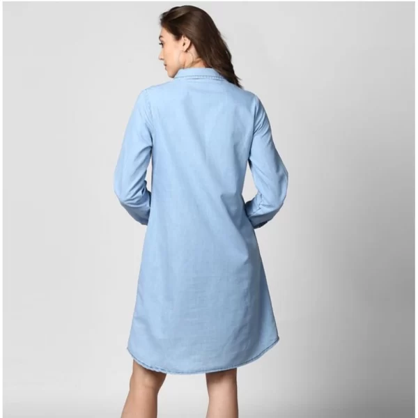 Generic Women's Denim Solid Collar Neck Roll Up Sleeve Dress (Blue) - Image 4