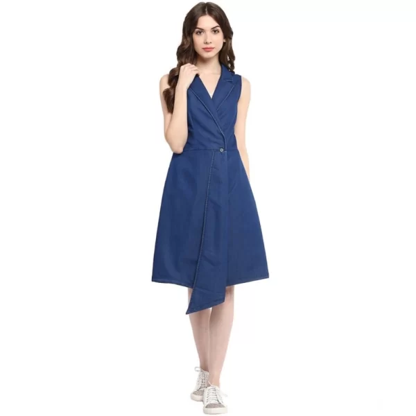 Generic Women's Denim Solid Collar Neck Sleeveless Dress (Blue)