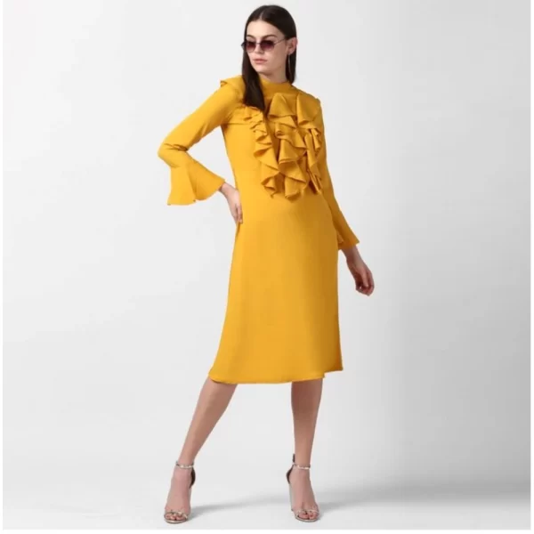 Generic Women's Polyester Ruffled Close Neck Long Sleeves Dress (Yellow) - Image 3