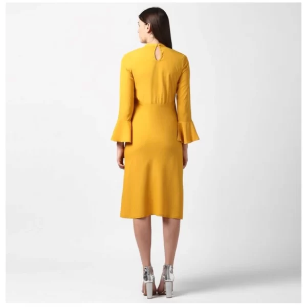Generic Women's Polyester Ruffled Close Neck Long Sleeves Dress (Yellow) - Image 4