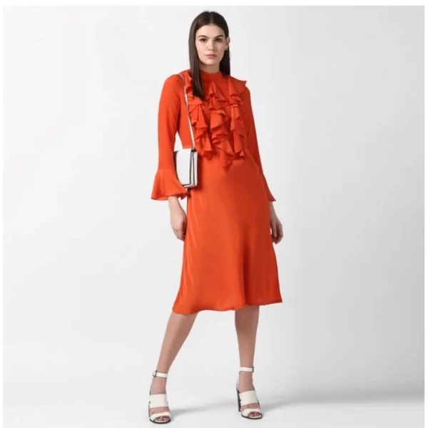 Generic Women's Polyester Ruffled Close Neck Long Sleeves Dress (Orange) - Image 3