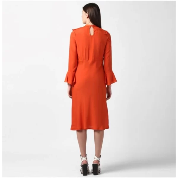 Generic Women's Polyester Ruffled Close Neck Long Sleeves Dress (Orange) - Image 4