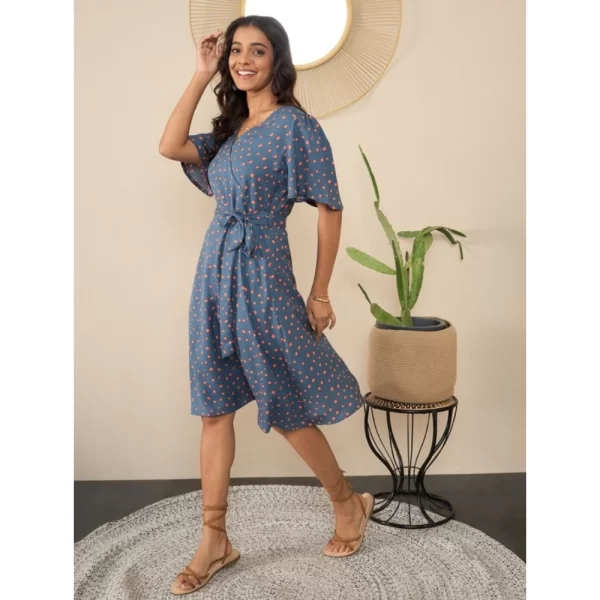 Generic Women's Polyester Moss Polka V-Neck Bell Sleeve Dress (Grey) - Image 4