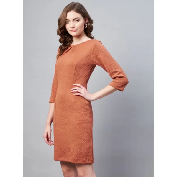 Generic Women's Polyester Jacquard Self Design Round Neck 3/4th Sleeves Dress (Rust) - Image 3