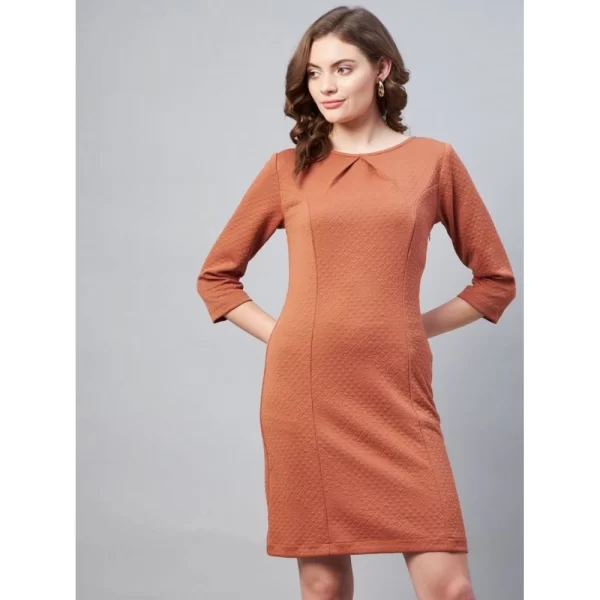 Generic Women's Polyester Jacquard Self Design Round Neck 3/4th Sleeves Dress (Rust) - Image 4