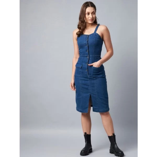 Generic Women's Denim Lycra Solid Square Neck Shoulder Straps Dress (Blue) - Image 4
