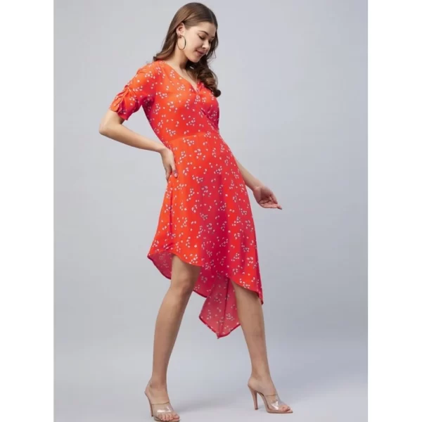 Generic Women's Polyester Floral V-Neck Short Sleeve Dress (Orange) - Image 4