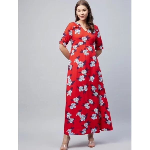 Generic Women's Cotton Blend Floral V-Neck Half Sleeve Dress (Blue-Red) - Image 4