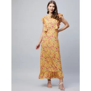 Generic Women's Polyester Floral Round Neck Flutter Dress (Red)