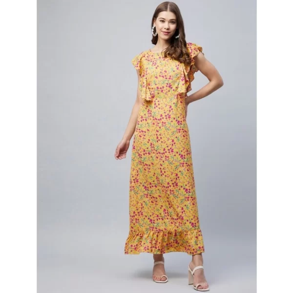 Generic Women's Polyester Floral Round Neck Flutter Dress (Red)