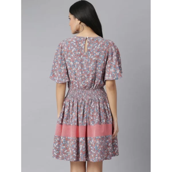 Generic Women's Polyester Moss Floral Round Neck Flutter Dress (Grey-Red) - Image 4