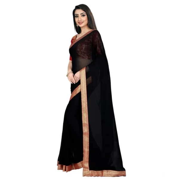 Generic Women's Chiifon Saree Printed Saree With Unstitched Blouse 5.5Mtr (Black) - Image 3
