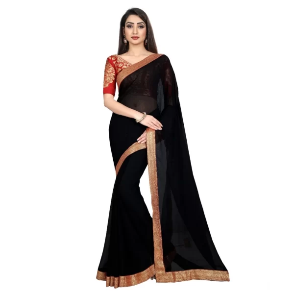 Generic Women's Chiifon Saree Printed Saree With Unstitched Blouse 5.5Mtr (Black)